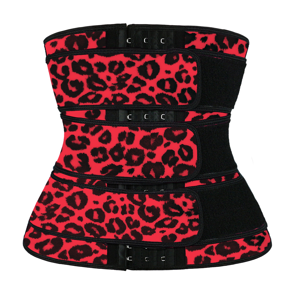 Leopard Red Latex Hooks Waist Trainer with Triple Belts MH100004RL