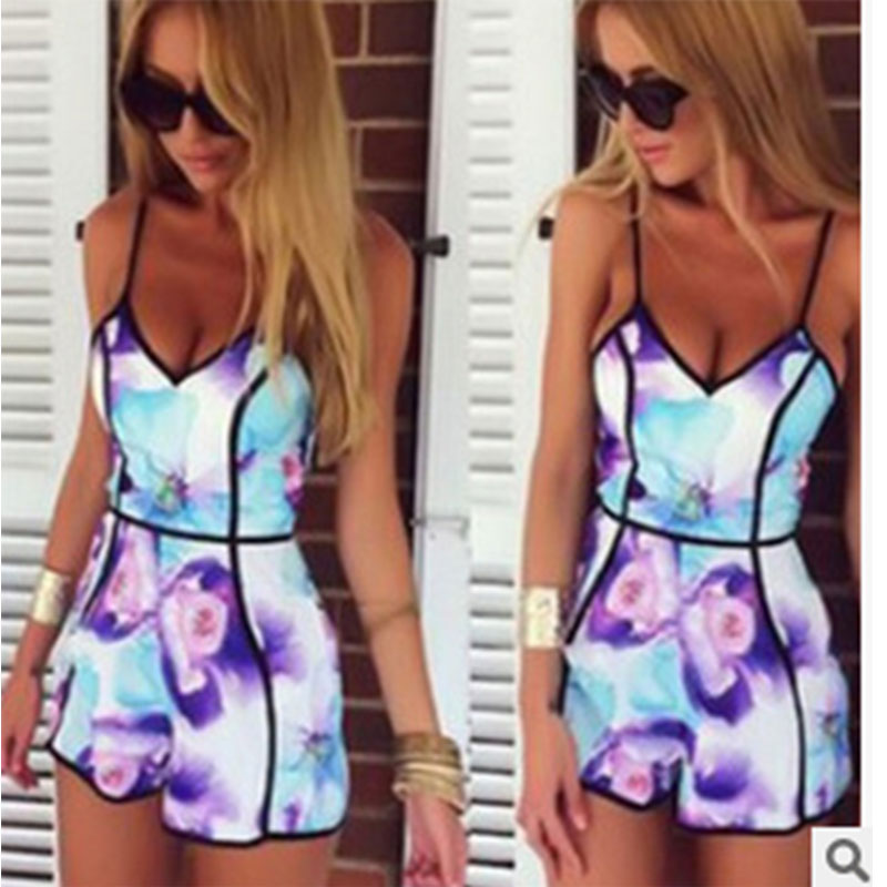Black Strape Blue Flower Short Jumpsuit S,M,L,XL MH5244
