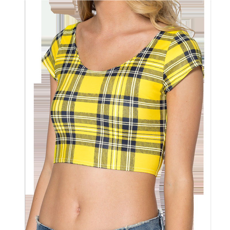 Yellow Grid Printed Short Sleeve Crop top MH8007