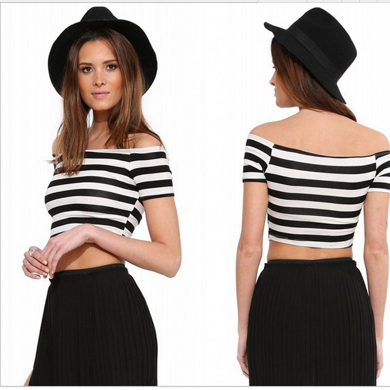 Black short sleeve stripped short top S,M,L,XL,XXL MH8148