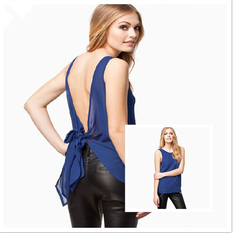 Blue sleevelss backless chiffon shirt S,M,L,XL MH8161