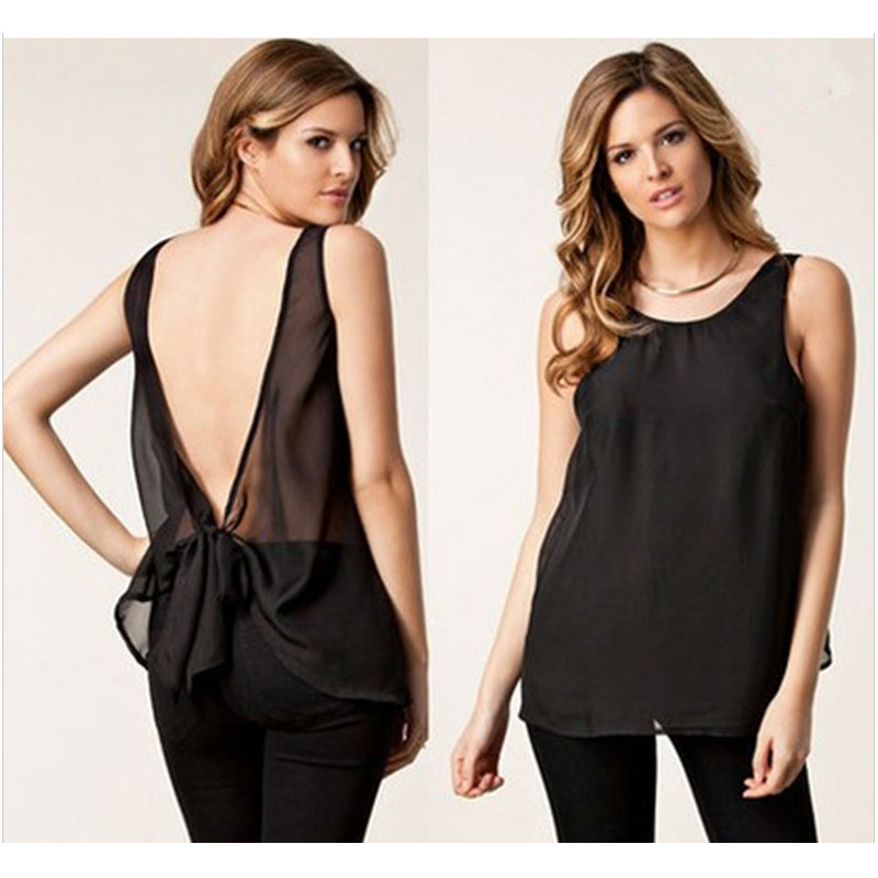 Black backless chiffon sleeveless shirt S,M,L,XL MH8163