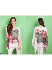 White flower printed batwing sleeve shirt MH8165