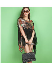 Black flower printed batwing sleeve shirt MH8166