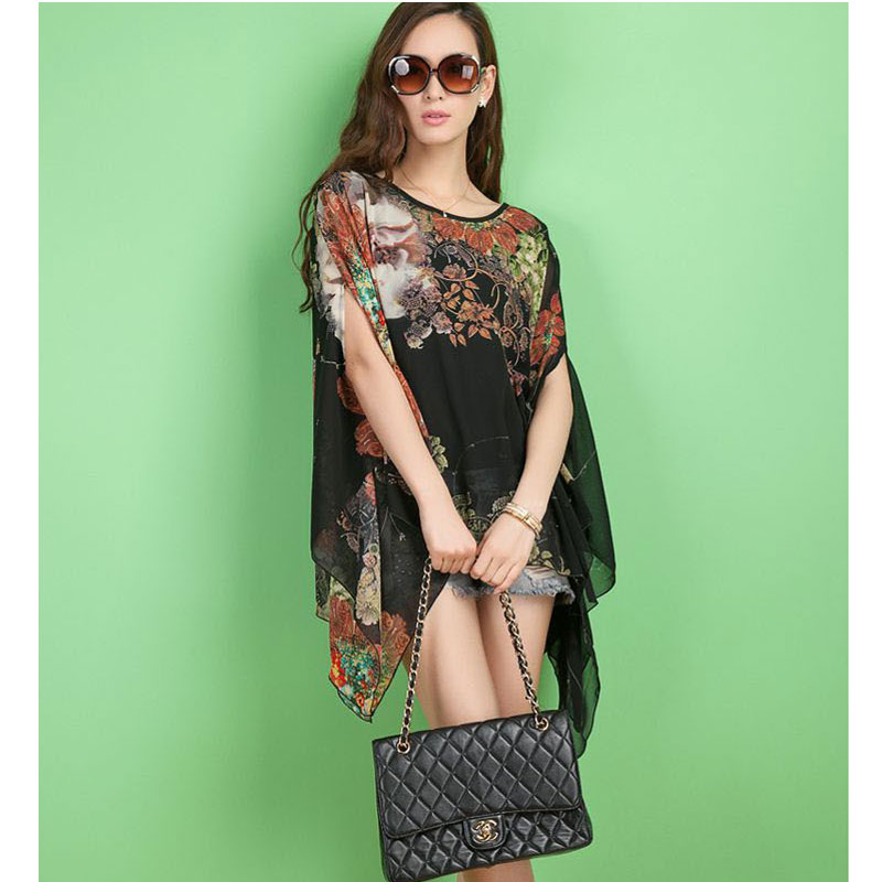 	 Black flower printed batwing sleeve shirt MH8166