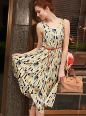 Blue and yellow sleeveless vest skater dress MH5288