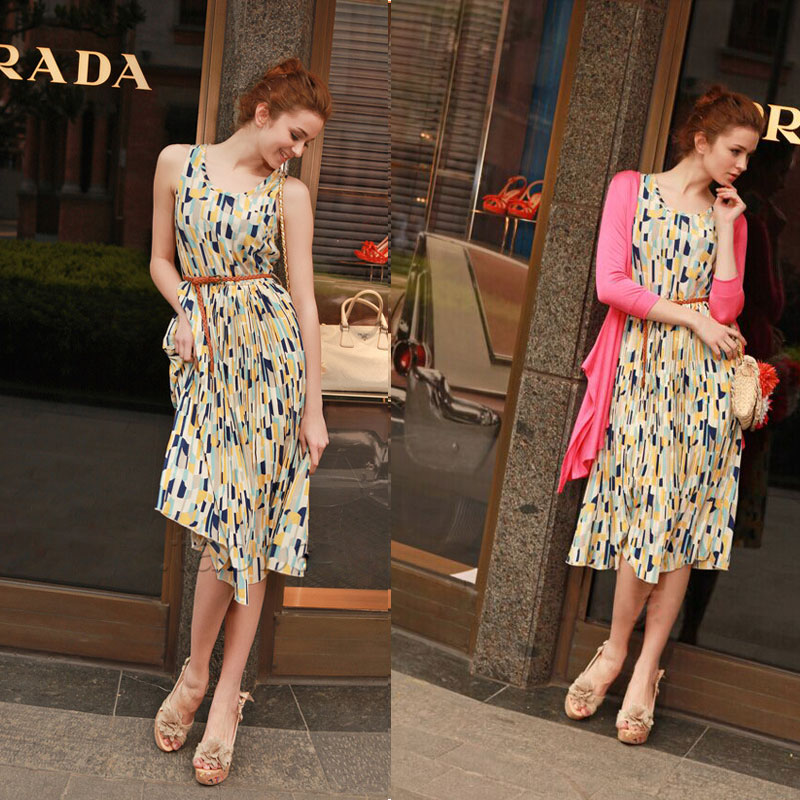 Blue and yellow sleeveless vest skater dress MH5248