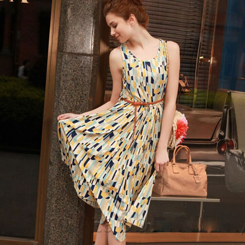Blue and yellow sleeveless vest skater dress MH5248