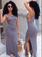 Grey sleeveless open side long dress S-L MH5314