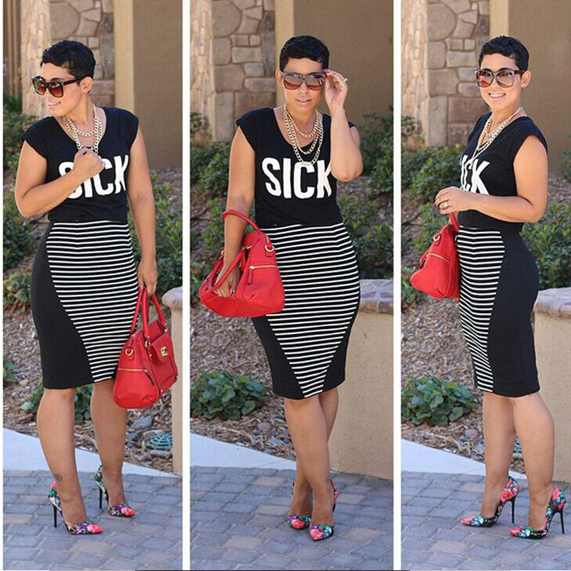 Black striped two pcs bodycon dress S-L MH5333
