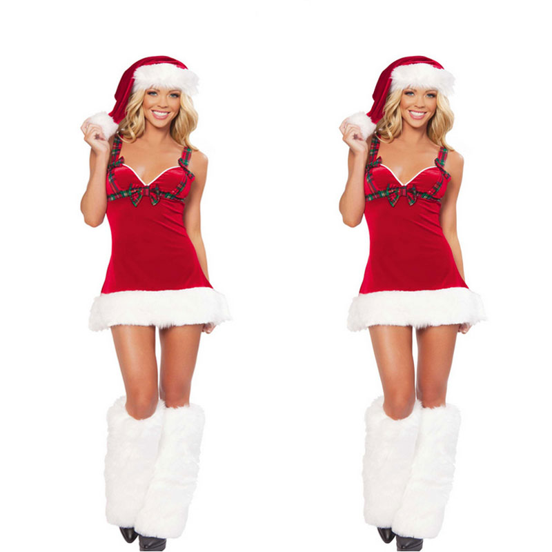 Red Velvet Halter Neck Mini Dress  Christmas Costumes With White Hem MH3244