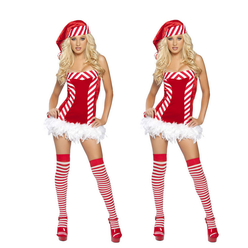 Red and white velvet dress christmas costume with white ham  MH3245