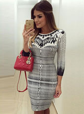 Long Sleeve Black and White Bodycon Dress S-XL  MH5388