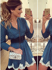 Long sleeve Deep V Blue Lace Dress S-XL MH5401