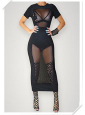 Short Sleeve Black See-through Long Bodycon Dress S-L MH5409