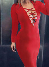 Long Sleeve Red Cross Bodycon Dress S-2XL MH5417