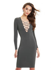 Long Sleeve Grey Cross Bodycon Dress S-2XL  MH5419